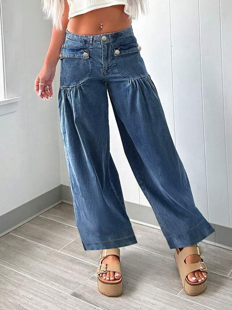 Fashionable Personalized Street Style Commuting Design Pleated Front Pocket Women Loose Straight ... | SHEIN