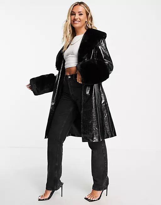 Jayley faux fur trim tie waist midi coat in black | ASOS (Global)