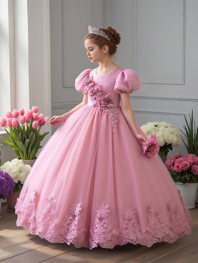 Young Girls Floral Embroidered Mesh Party Dress, Suitable For Banquet, Birthday Celebration, Does Not Include Headband | SHEIN