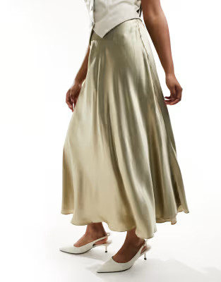 River Island full maxi satin slip skirt in dark beige | ASOS (Global)