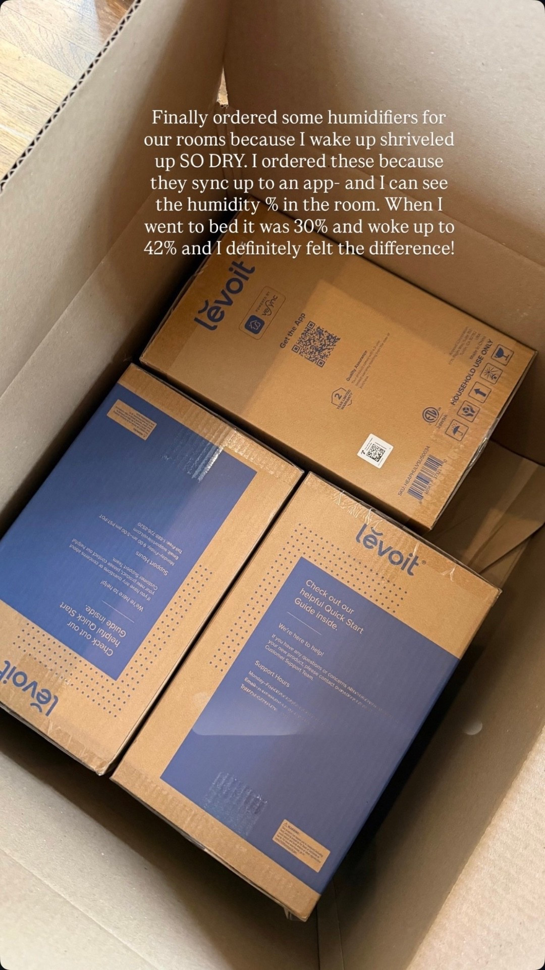 Finally ordered some humidifiers for our rooms because I wake up shriveled up SO DRY. I ordered these because they sync up to an app- and I can see the humidity % in the room. When I went to bed it was 30% and woke up to 42% and I definitely felt the difference!

#LTKmomlife #LTKHome #LTKselfcare