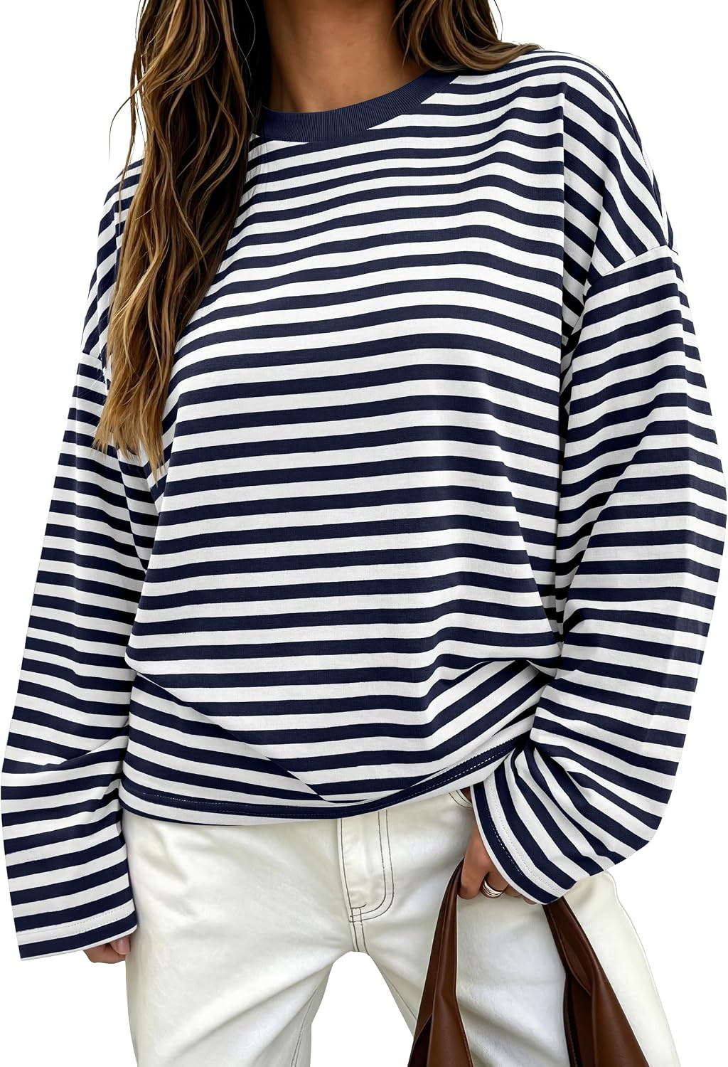 ANRABESS Womens Long Sleeve Shirts Oversized Striped Tops | Amazon (US)