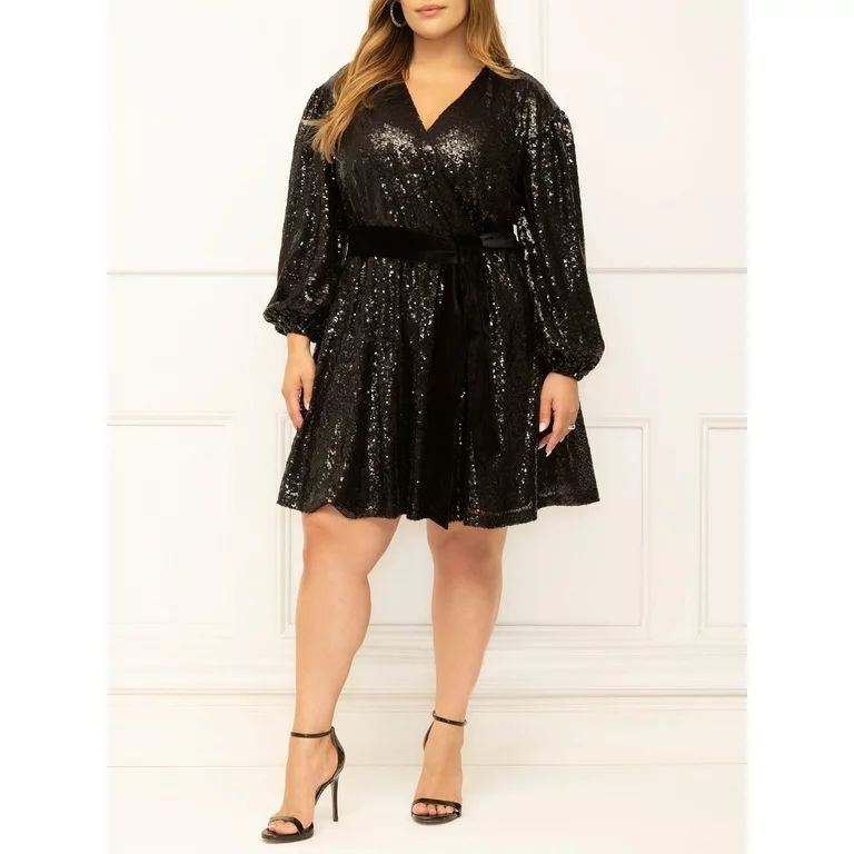 ELOQUII Elements Women's Plus Size Belted Sequin Wrap Dress - Walmart.com | Walmart (US)