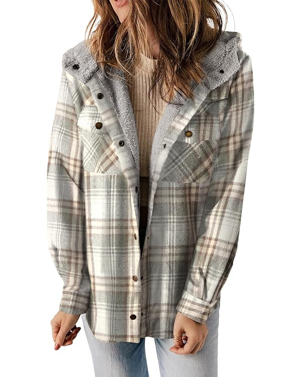 Dokotoo Womens Plaid Shacket Jacket Long Sleeve Button Down Fleece Hooded Jackets Warm Coat | Amazon (US)