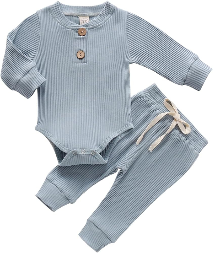 Newborn Baby Boy Girl Clothes Ribbed Knitted Cotton Long Sleeve Romper Long Pants Solid Color Fal... | Amazon (US)