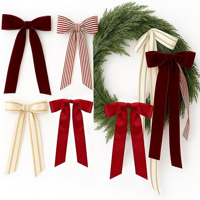 8 Pcs Christmas Wreath Bow Farmhouse Stripe Velvet Bows Ribbon Ornaments for Christmas Tree Toppe... | Amazon (US)