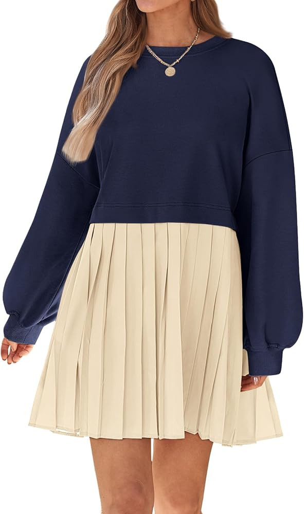 LILLUSORY Womens Oversized Sweatshirt Dress Casual Long Sleeve Pullover Loose Crew Neck Pleated T... | Amazon (US)