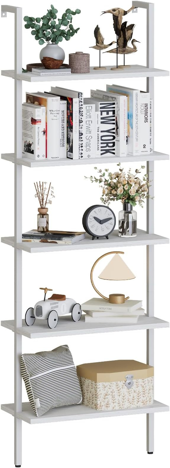 aboxoo Ladder Shelf White Wooden Open Bookshelf 5-Tier Wall-Mounted Wood Rack Industrial Modern P... | Amazon (US)