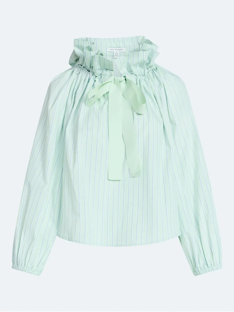 Free Assembly Women's Ruffle Tie Neck Cotton Top with Long Puff Sleeves, Sizes XS-XXL | Walmart (US)