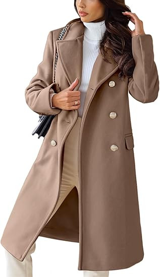 chouyatou Women's Winter Lapel Double Breasted Office Work Long Wool Pea Coat Overcoat | Amazon (US)