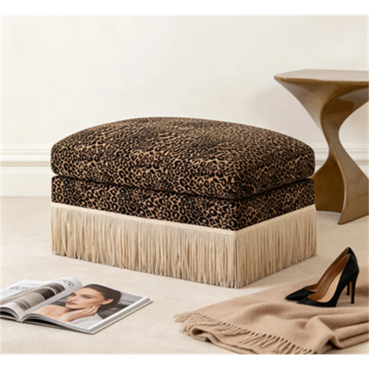 Leopard Print Chenille Ottoman With Soft Texture And Elegant Design For Modern Living Spaces | Wayfair North America