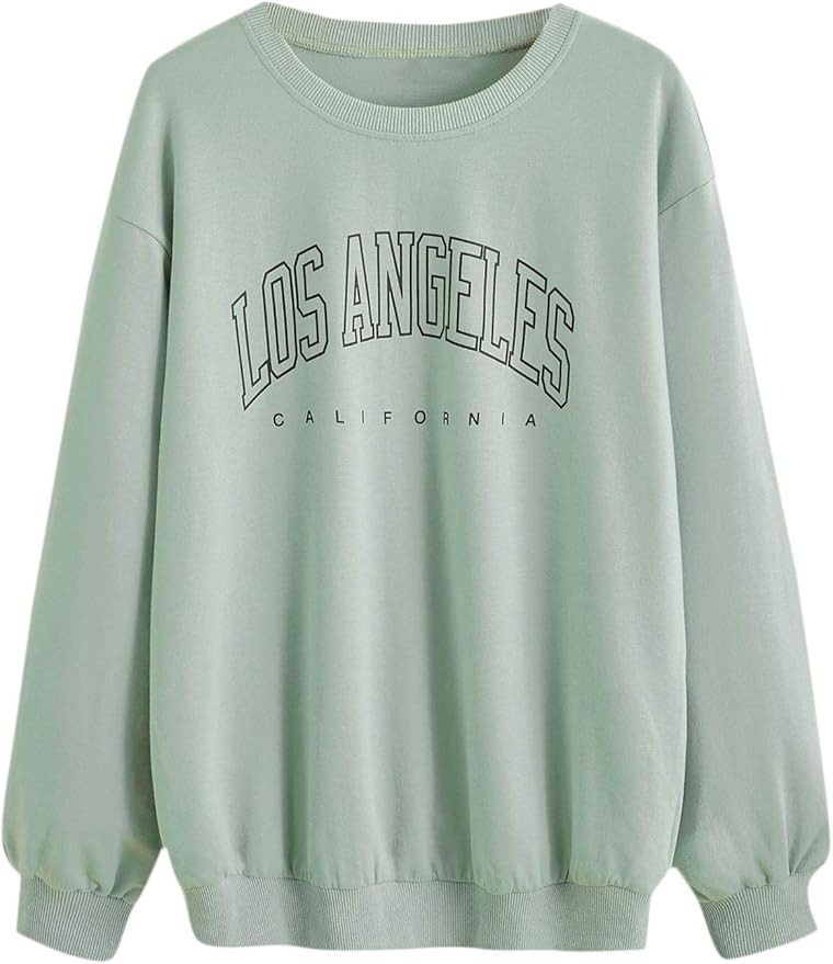 Romwe Women's Letter Graphic Print Crewneck Long Sleeve Sweatshirt Pullover | Amazon (US)