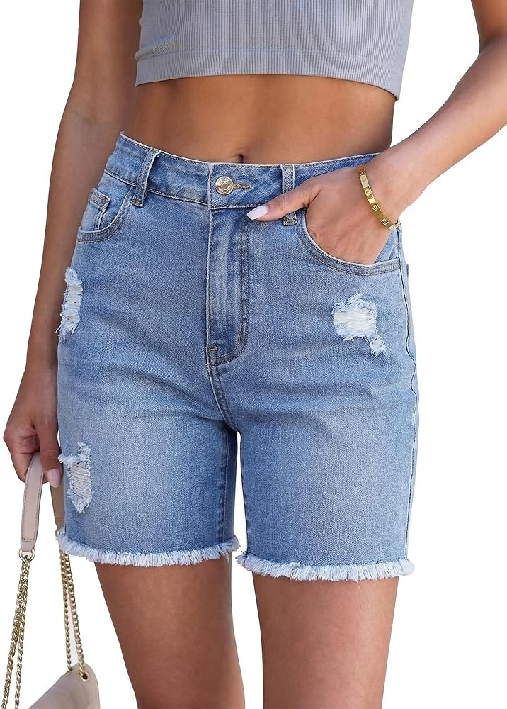 luvamia Jean Shorts for Women High Waisted Trendy Mid Thigh Distressed Ripped Frayed Stretchy Den... | Amazon (US)