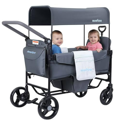 MOMFANN Wagon Stroller for 2 Kids, Foldable All-Terrain Baby Wagon with Adjustable Push & Pull Handle, Removable Canopy, 5-Point Safety Harness and Large Storage Basket, Light Grey | Amazon (US)
