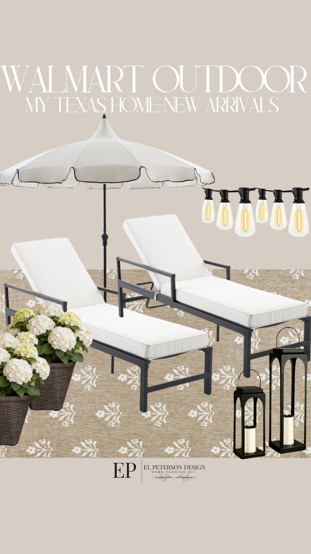 Walmart Outdoor
Lounge chairs
Area rug
Outdoor umbrella 
Wicker planter
Lantern
String lights 

#LTKHome