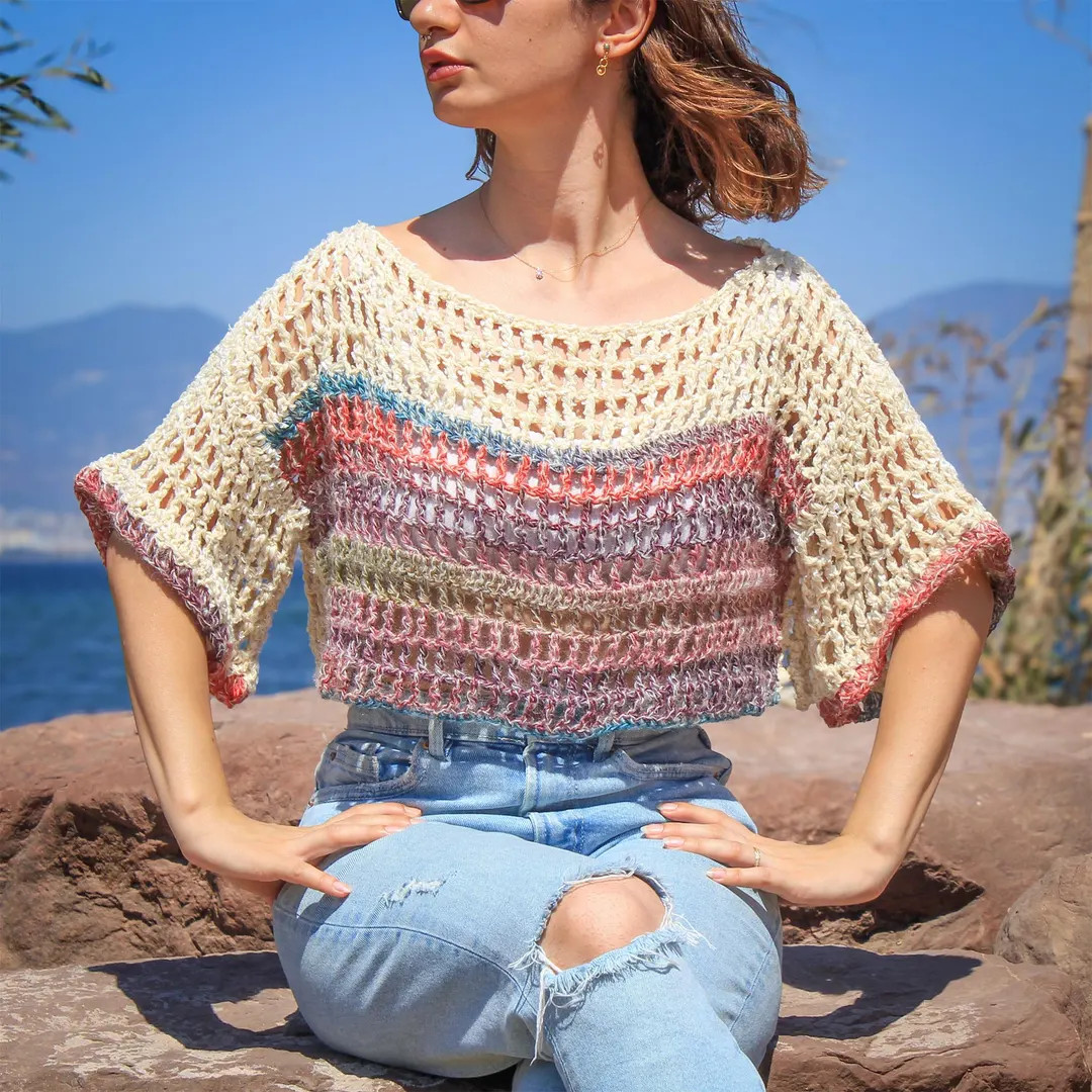 Handmade Crochet Boho Crop Top, Oversized Mesh Blouse, Beige | Etsy (US)