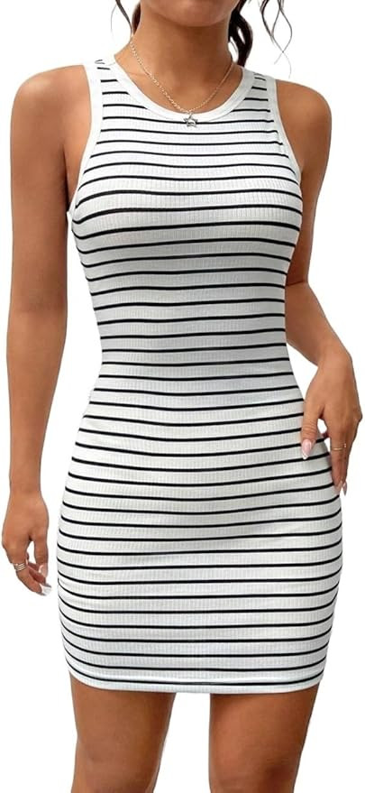Womens Summer Casual Tank Top Dress Striped Sleeveless Round Neck Vest Dress Colorblock Pencil Mi... | Amazon (US)