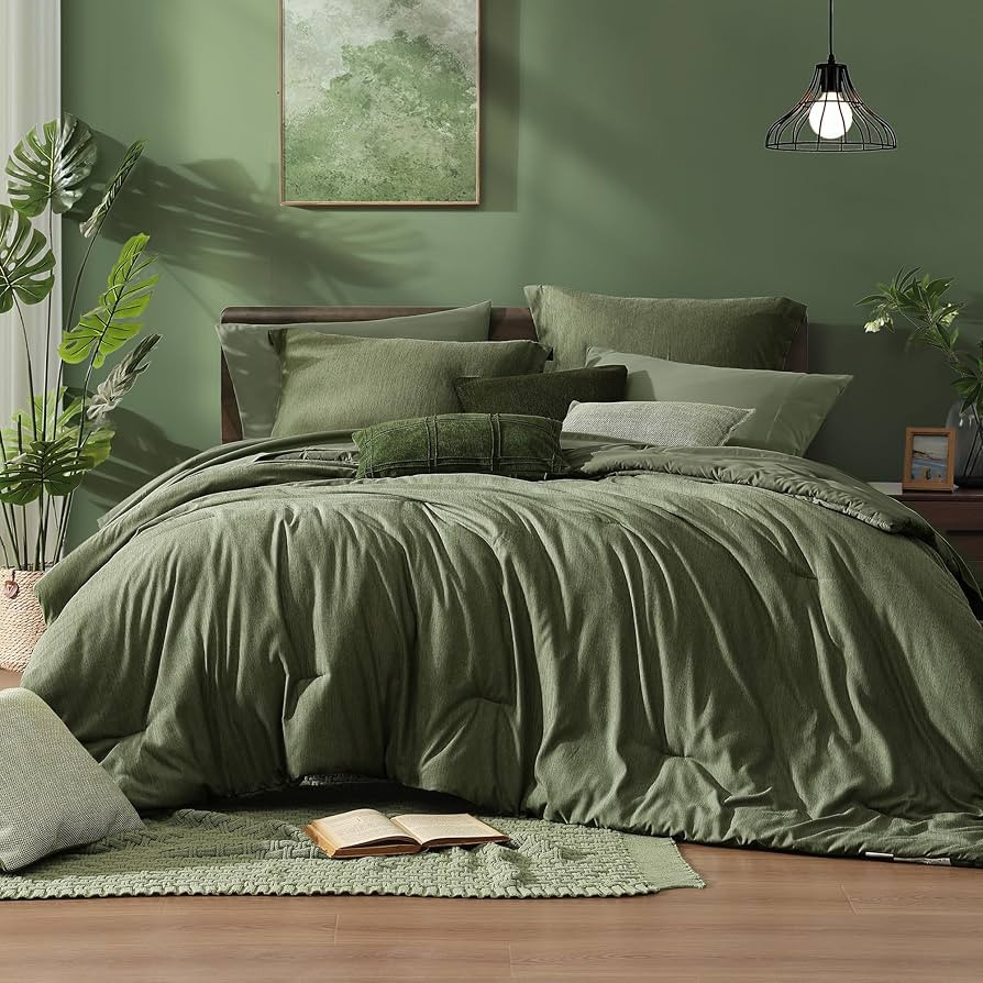 Monbix Queen Comforter Set - 7 Pieces Cationic Dyeing Olive Green Bed in a Bag Queen Bedding Sets... | Amazon (US)
