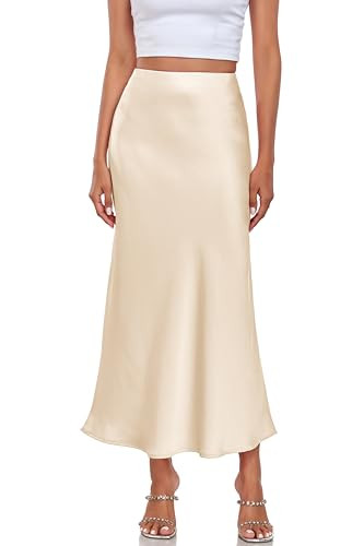 Women's Silk Satin Maxi Skirt High Waist Elastic A Line Fishtail Elegant Work Elastic Long Skirts Apricot | Amazon (US)