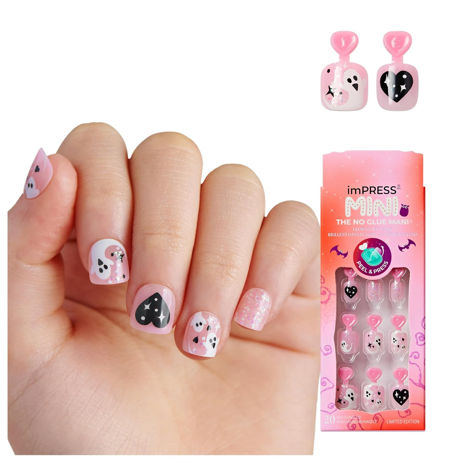 KISS imPRESS MINI Halloween Press On Nails for Kids, ‘Amazed’, Pink, Squoval, Mess-Free, Glow-In-The-Dark, Non-Toxic, Breakaway Application Tabs, Nail File, 20 Child Size Fake Nails | Amazon (US)