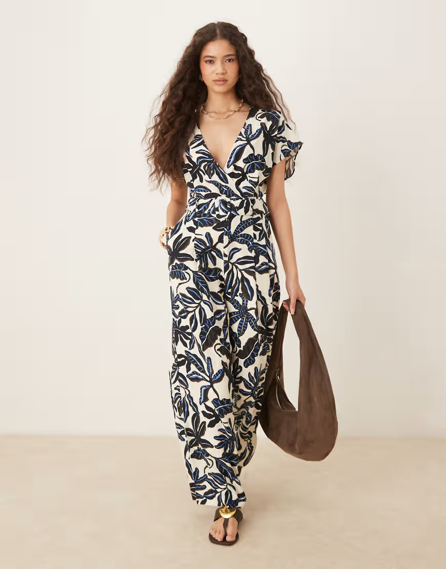 Mango v neck belted jumpsuit in blue floral print | ASOS (Global)