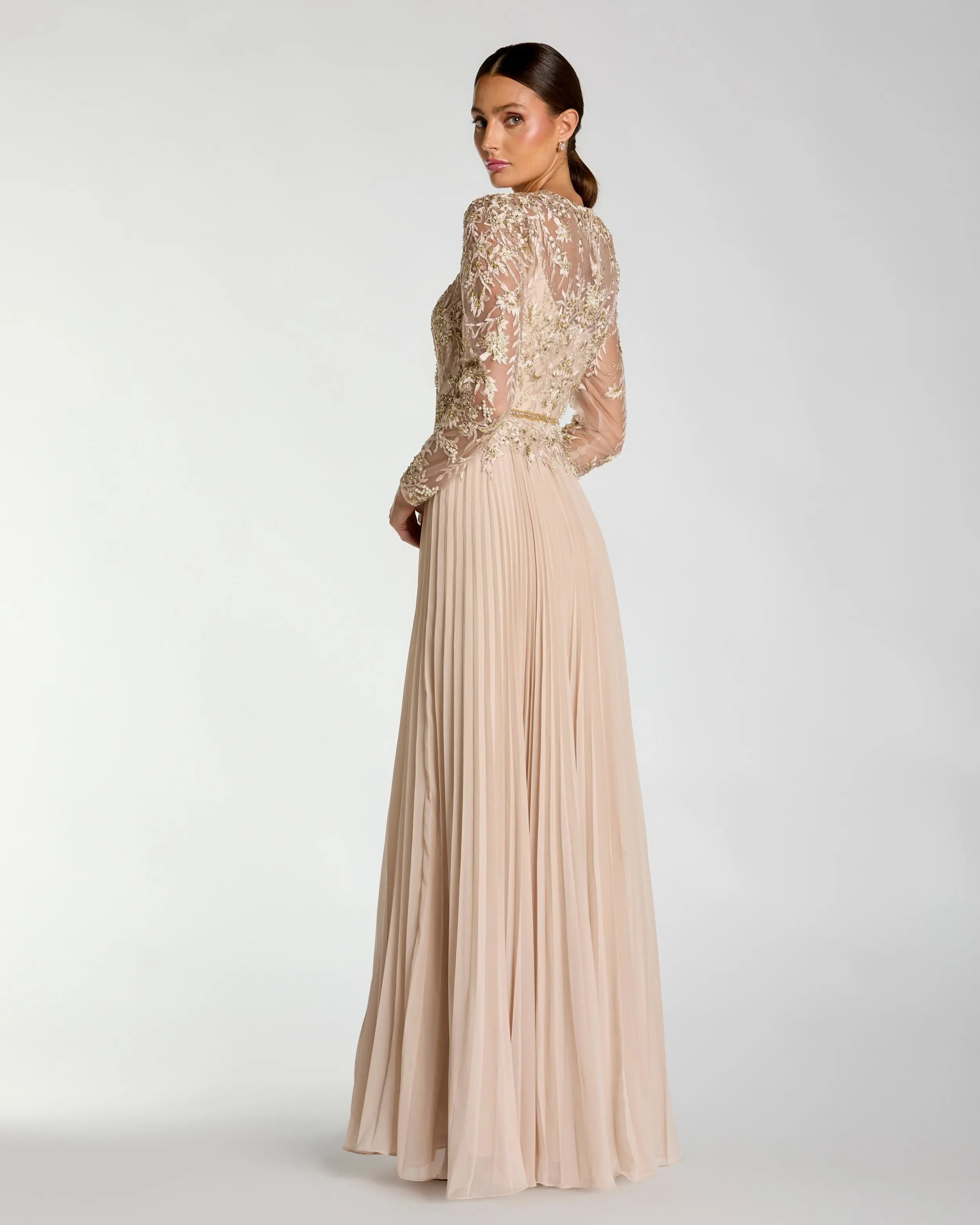 Beige Long Sleeve Chiffon Embellished Gown | Mac Duggal | Mac Duggal