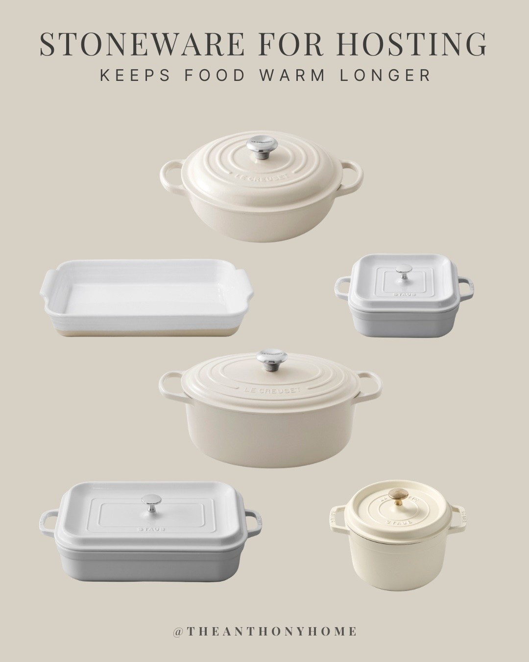 These are the stoneware pieces I reach for over and over again when we're hosting.

The rectangular bakers are perfect for casseroles, roasted vegetables, mashed potatoes, corn on the cob, baked pastas, and so many holiday side dishes. They're the workhorses I use most.

The Dutch ovens are some of the most versatile pieces I own. They're wonderful for soups, stews, chili, pot roast, braised meats, boiling pasta, and even baking artisan bread. Because they retain heat so well, they're also great for serving directly at the table and keeping food warm throughout the meal.
The smaller bakers are ideal for dips, baked brie, hot appetizers, cobblers, or smaller side dishes when you're hosting a smaller crowd.

One of my favorite hosting systems is transferring food into stoneware after cooking, then placing it in my warming drawer or on my oven's warm setting. Stoneware holds heat beautifully, so food stays warm longer even after it's moved to the buffet. It gives me a little more flexibility and takes so much of the stress out of trying to time every dish perfectly.

These are the exact pieces I use in our home year after year. 🤍

#LTKHome #LTKfoodie