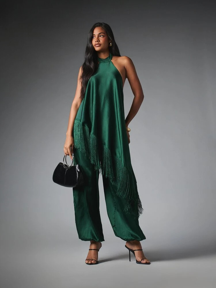 MISSGUIDED Satin Halter Neck Co-Ord Set With Fringe Trim Tunic Top And Wide Leg Palazzo Pants Party Evening Occasion Outfit | SHEIN