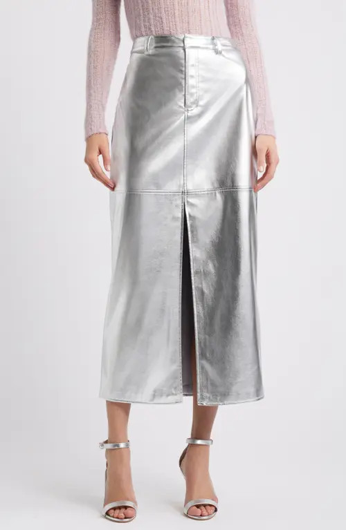 Open Edit Metallic Faux Leather Midi Skirt in Silver Metallic at Nordstrom, Size 2 | Nordstrom