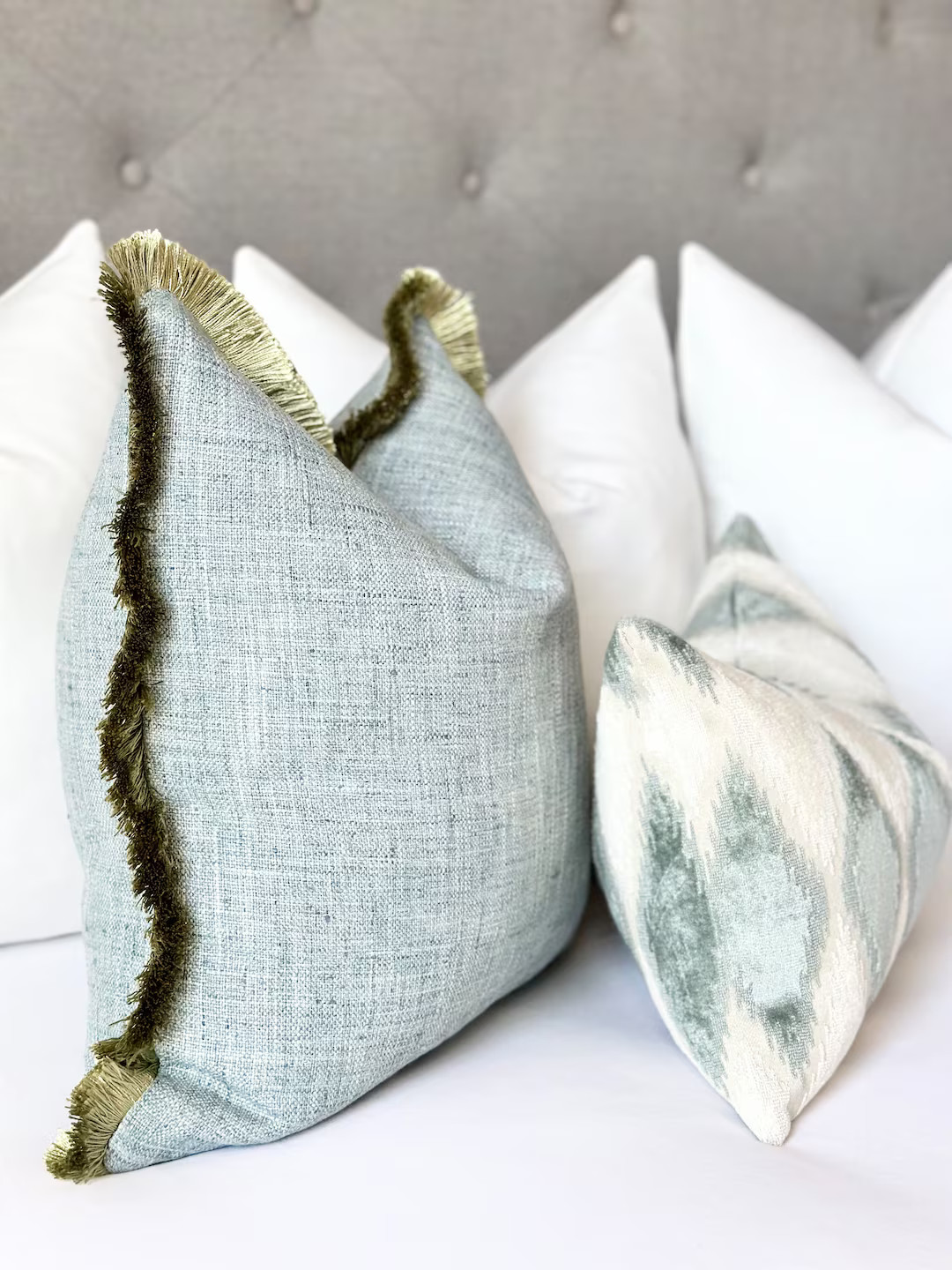 Mist Blue Throw Pillow Cover With Green Brushed Fringe Detail , Mist Blue Pillow , Decorative Blu... | Etsy (US)