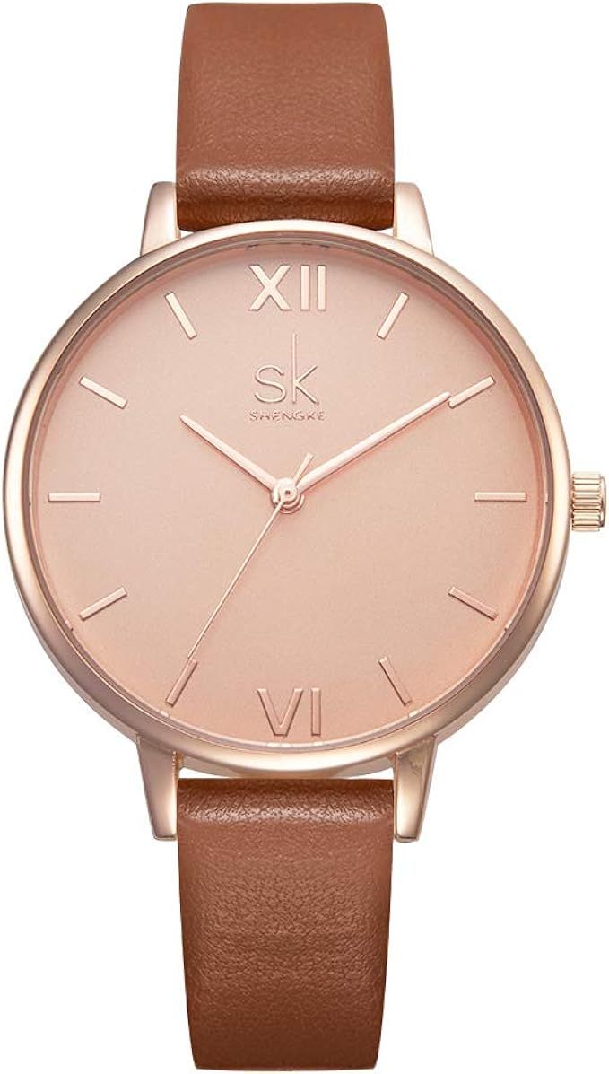 SHENGKE Women Watches Leather Band Luxury Quartz Watches Girls Ladies Wristwatch Relogio Feminino | Amazon (US)