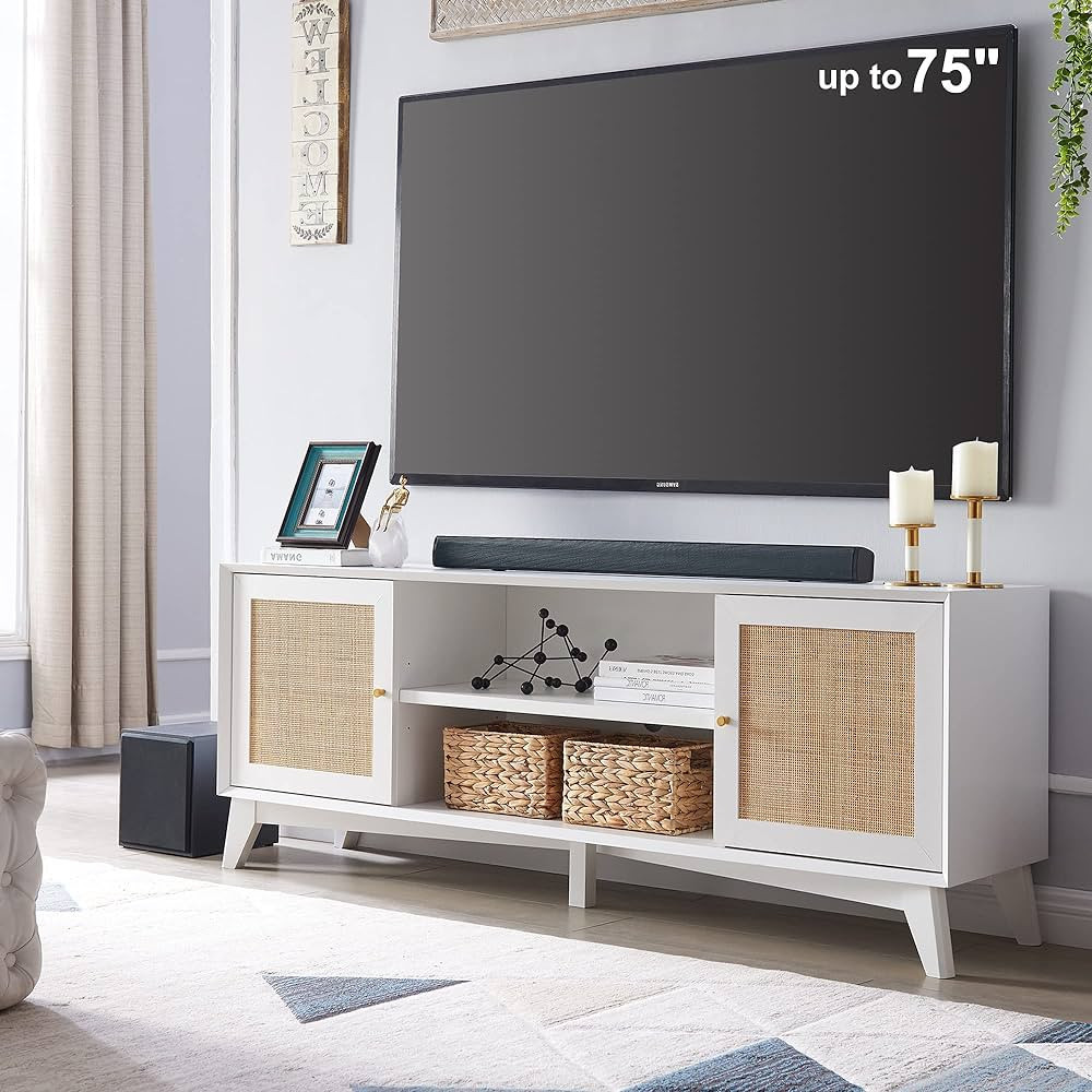 OKD TV Stand for 75+ Inch TV, Mid Century Modern Entertainment Center with Natural Rattan Door, S... | Amazon (US)