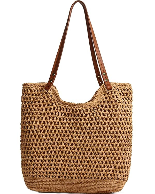 Multi-functional Straw Hobo Bag,Handwoven Summer Tote with Leather Handles for Vacation & Daily U... | Amazon (US)