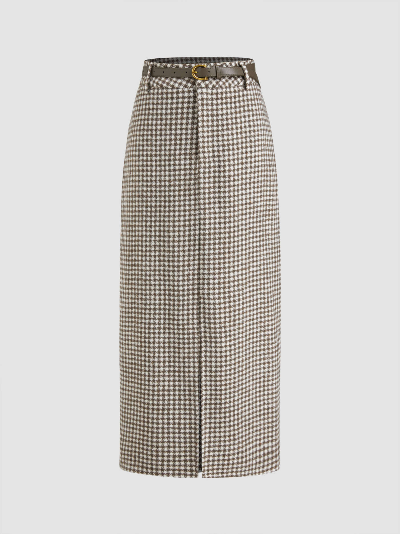 Woven Cotton-blend Mid Rise Houndstooth Maxi Skirt With Belt For Work | Cider