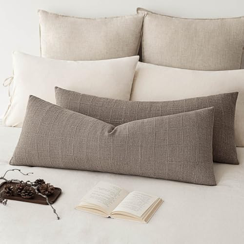 Foindtower Set of 2 Decorative Linen Check Throw Pillow Covers Neutral Long Body Lumbar Cushion Covers Farmhouse Vintage Boho Home Decor for Sofa Chair Couch Bedroom Living Room,14×36 Inch,Tan Taupe | Amazon (US)