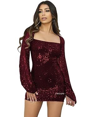 CWOAPO Long Sleeve Sequin Homecoming Dresses for Teens Tight Sparkly Short Prom Dresses Square Ne... | Amazon (US)