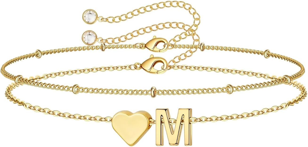 M MOOHAM Christmas Gifts for Grandkids Teens Girls -14K-Gold-Plated Heart Initial Bracelets for W... | Amazon (US)