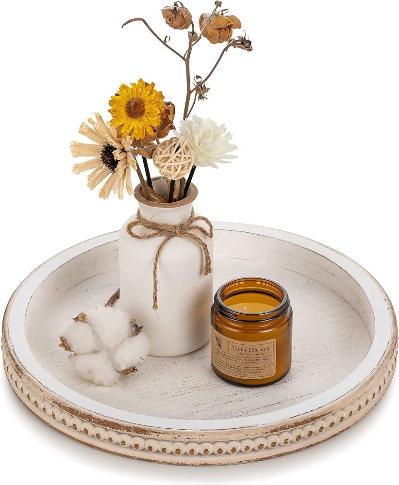 Hanobe Decorative Serving Tray Wood: White Washed Bead Round Tray Decor for Coffee Table Rustic W... | Amazon (US)