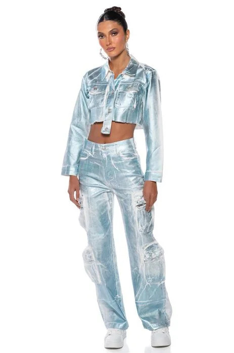 AUBREY BRUSHED METALLIC CROPPED DENIM JACKET in blue | AKIRA