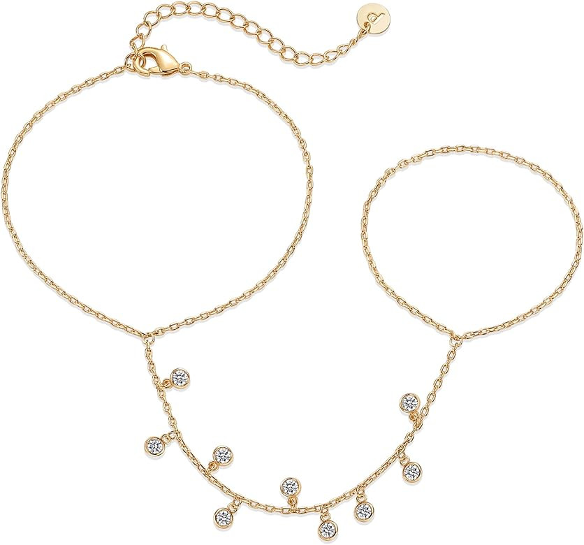 PAVOI 14K Gold Plated Freshwater Pearl Gold Hand Chain Bracelet for Women - Trendy Ring Bracelet ... | Amazon (US)