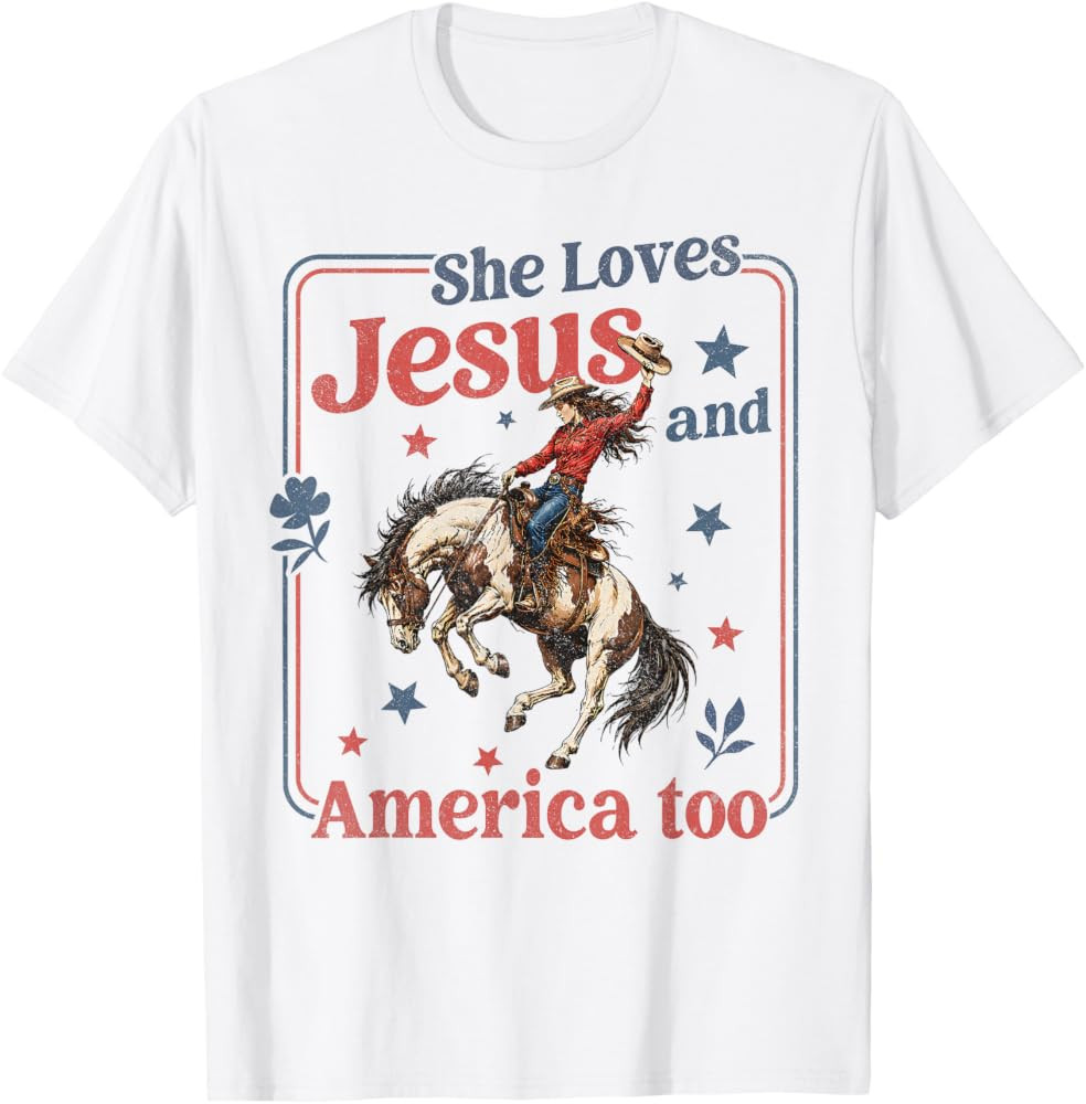 She Loves Jesus & America Too Christian 4th of July Cowgirl T-Shirt | Amazon (US)
