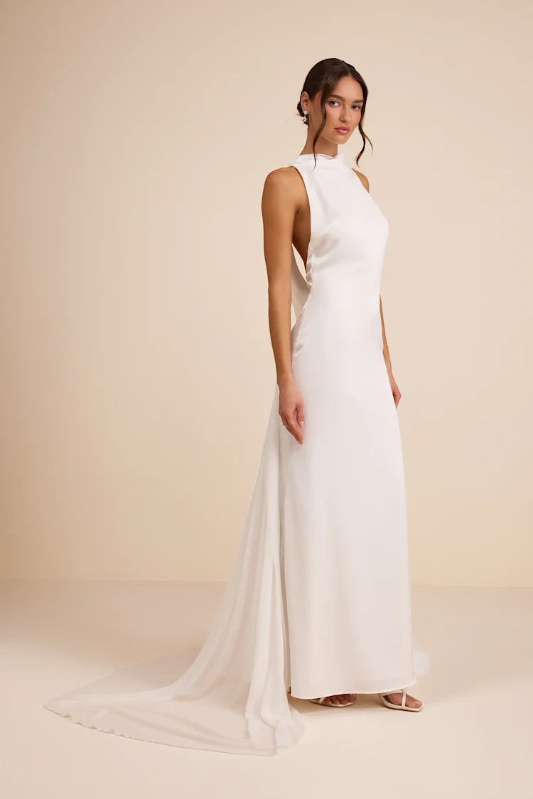 Perilla White Satin Mock Neck Column Maxi Dress | Lulus
