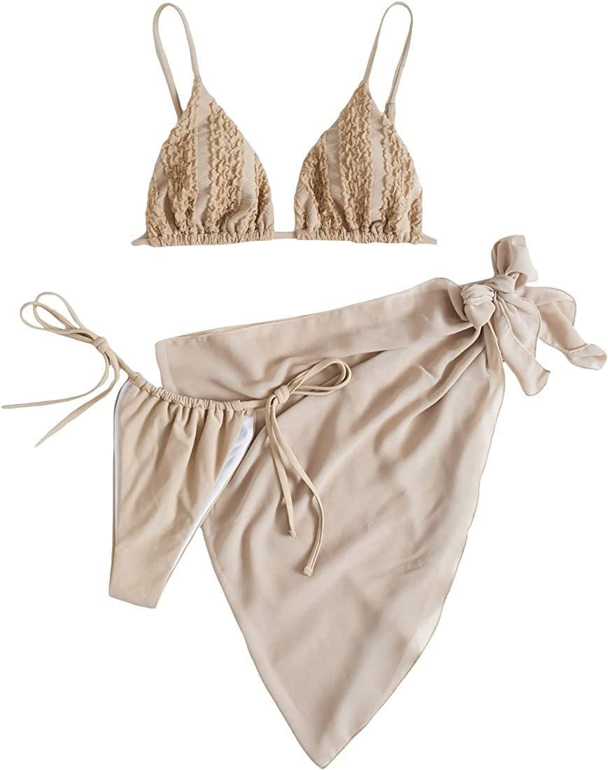 Cozyease Women's 3 Piece Swimsuits Smocked Sexy Bikini Sets Triangle Thong Bathing Suit with Mesh... | Amazon (US)