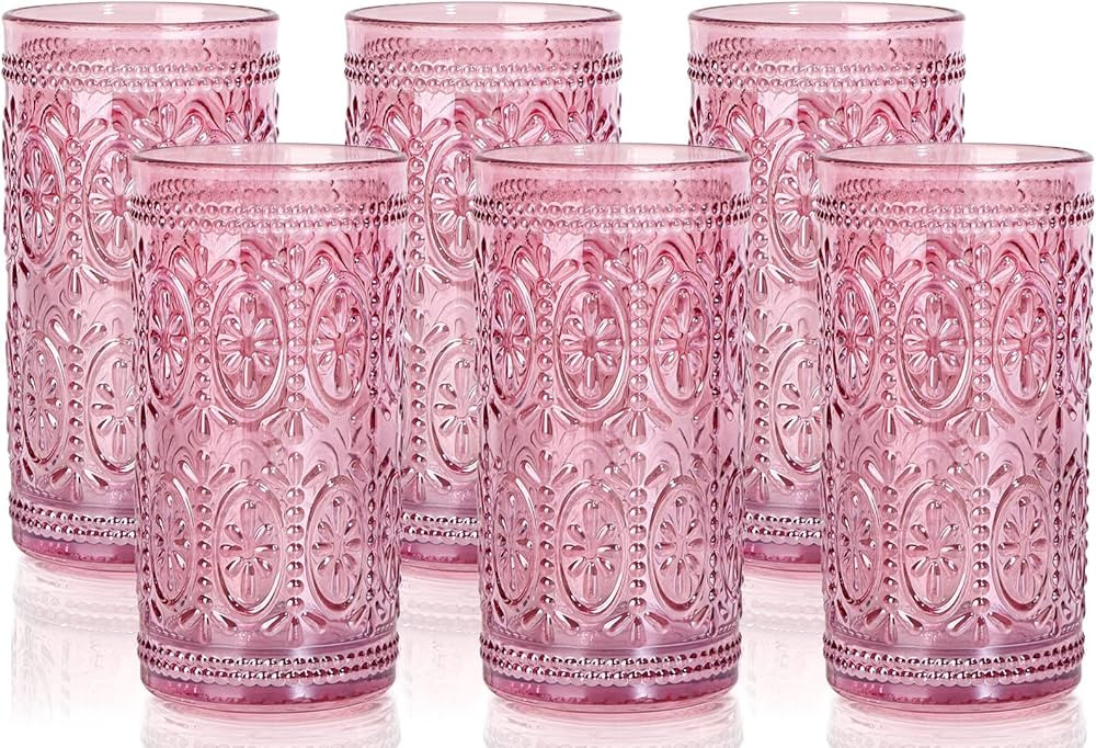 6 Pack Pink Glassware Drinking, 12oz Highball Embossed Beverage Glass Cup, Vintage Drinking Glass... | Amazon (US)