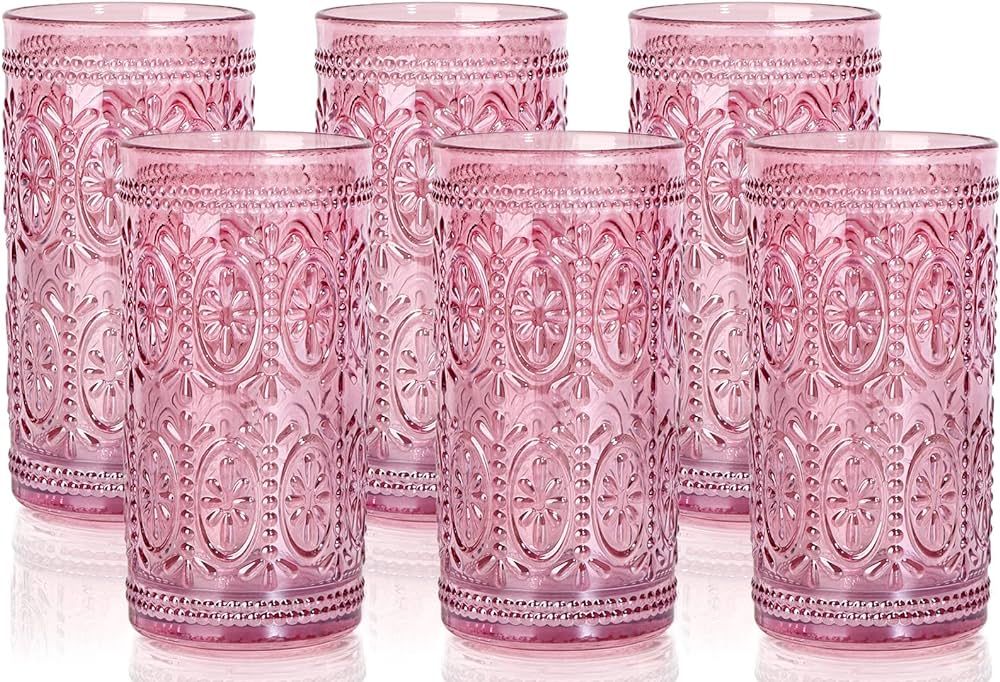6 Pack Pink Glassware Drinking, 12oz Highball Embossed Beverage Glass Cup, Vintage Drinking Glass... | Amazon (US)