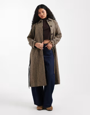 New Look Petite check belted trench coat in brown | ASOS (Global)