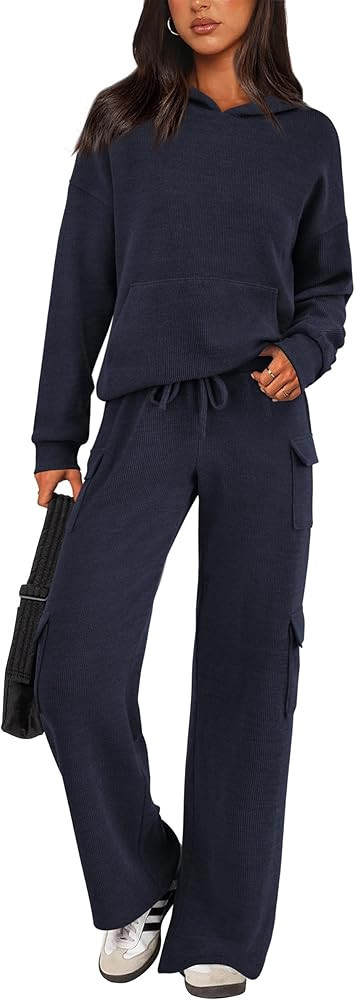 PRETTYGARDEN Women's 2 Piece Lounge Sets 2024 Fall Knitted Hoodie Pullover Tops Cargo Pants Match... | Amazon (US)