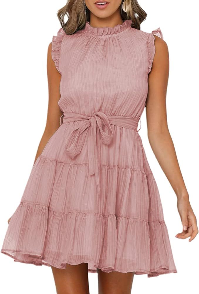 FARYSAYS Women's Ruffle Sleeveless Round Neck Waist Tie Casual Short Mini Swing Dress | Amazon (US)