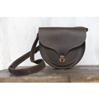 Small Dark Brown Distressed Leather Saddle Crossbody, Personalized Women Round Shoulder Bag Purse | Etsy (US)