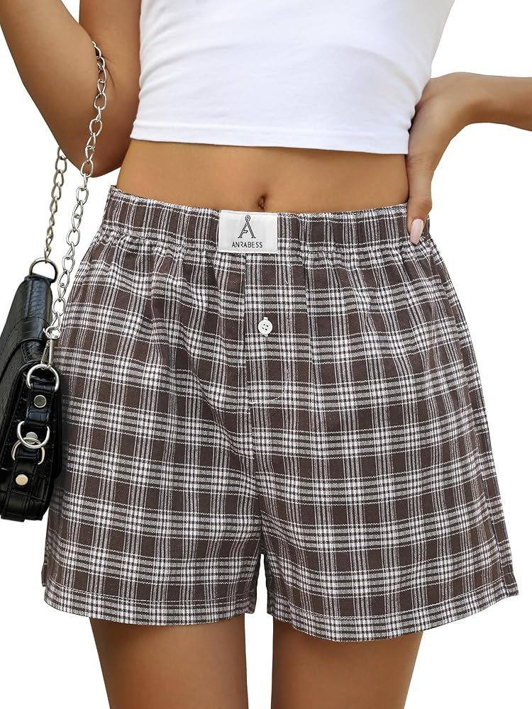 ANRABESS Boxer Shorts for Women Gingham Pajama 2025 Summer Casual Lounge Sleep Plaid Shorts Y2K B... | Amazon (US)